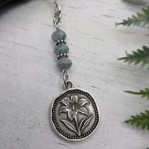Silver Toned Lily Flower Pendant Necklace with Jade Beads